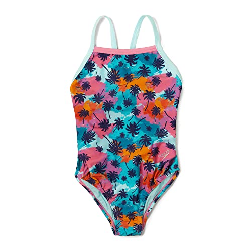 Speedo Girls' Standard Swimsuit One Piece Thin Straps, Palm Aqua Splash, 10 Big Kid