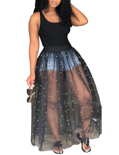 Yuopeid Women's Maxi Dress Sexy Strappy Sleeveless Waisted Mesh See Through Puff Swing Party Cocktail Dress