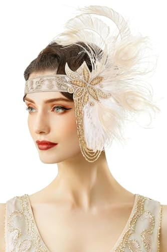 BABEYOND Serre-tête Gatsby le Magnifique des années 1920 - Bandeau à plumes avec franges dorées pour carnaval, bal et mariage - Beige