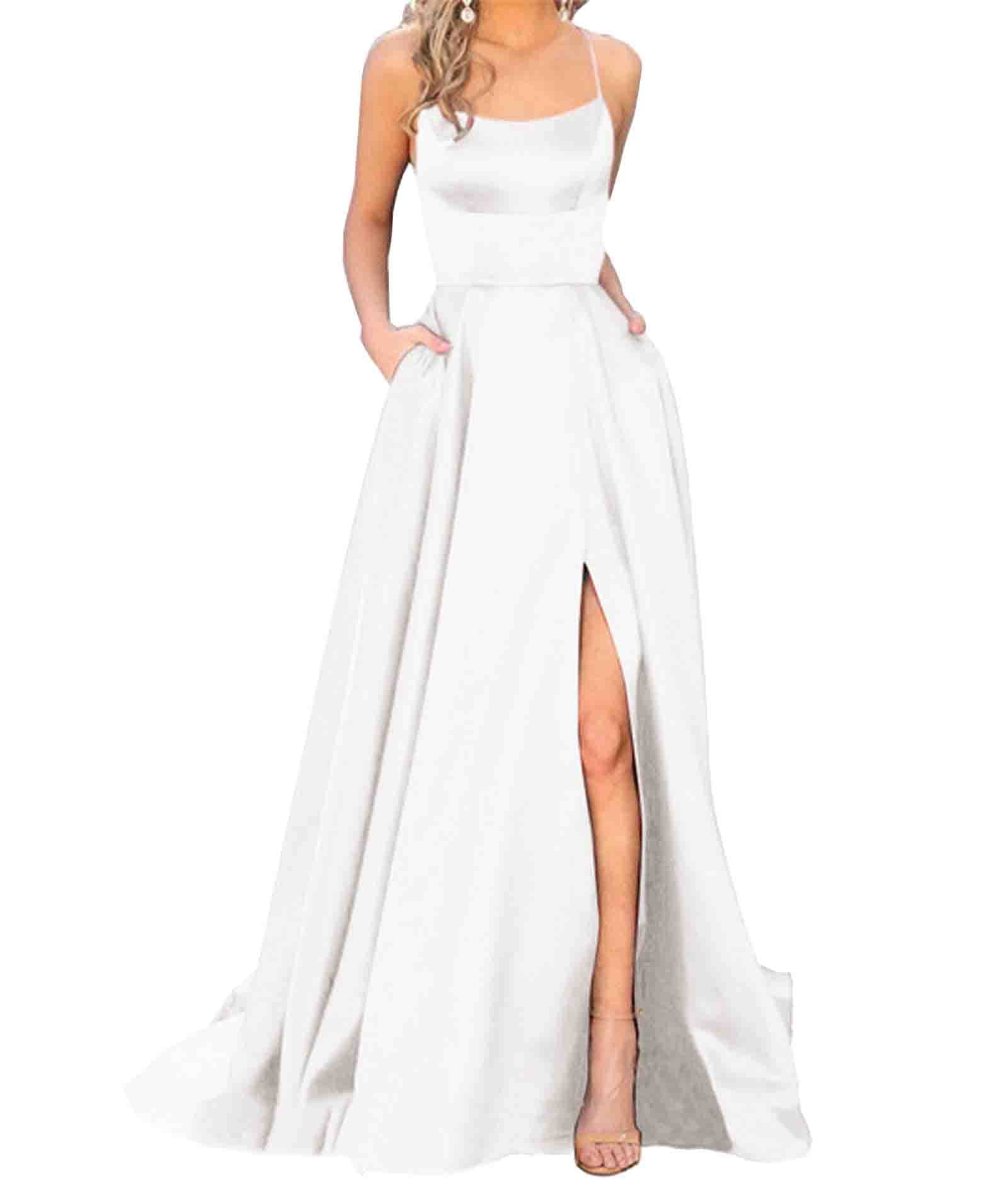 xxxiticatWomen's Elegant Long Ball Dresses with Pockets, Satin A-line Backless Wedding Dress, Evening Dresses, Sexy Halterneck Spaghetti Wedding Dress, Long Princess Bridesmaid Dress