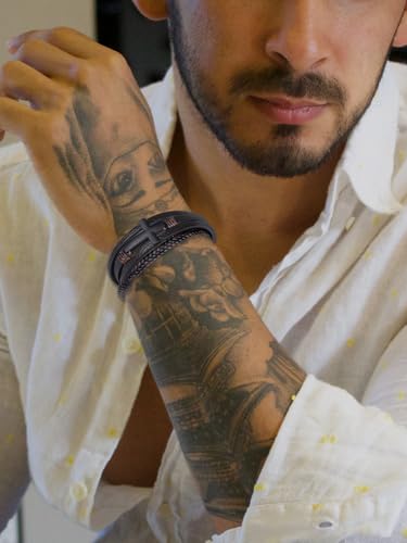 Mens Leather Cross Bracelet Braided Multi Layer Wristband with Stainless Steel Clasp - Christian Religious Gifts for Him(Brown/Black/Blue)2