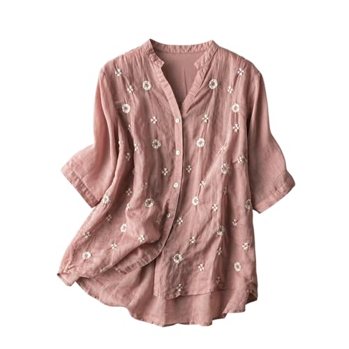 Image of RIEKA Womens Floral Applique Embroidered Fancy Top with Mandarin Collar Button Down Front Half Sleeves Relaxed Fit Casual Tunic Top for Women