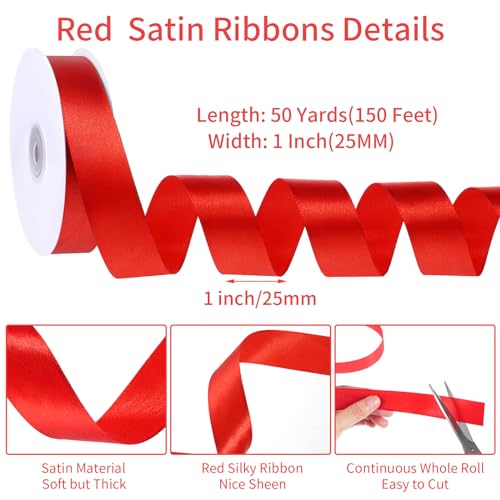 Image of woric Red Satin Ribbon 1 Inch 50 Yards Red Bows | Ideal for Floral Wreaths Hair Bows Crafts Gift Wrapping Wedding Outdoor Patio Decor DIY Projects