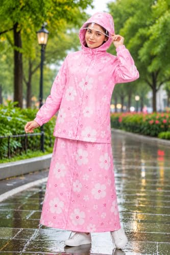 Image of Krystle Women's Waterproof Raincoat with Hood & Transparent Visor, Full Length Rainwear Coat and Skirt Set, Floral Print (Pink,Multisize)