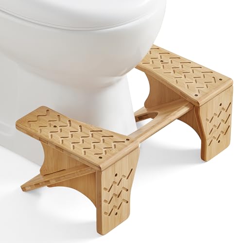 SONGMICS Bamboo Toilet Stool Adjustable Poop Stool with Non-Slip Grooves Height Convertible to 6.9 or 9.5 Inches Squat Potty Stool for Bathroom Space-Saving Light Bamboo UBCB111N01