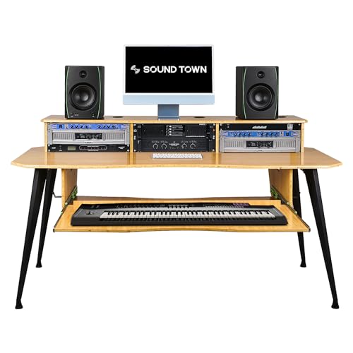 Sound Town DIY Music Studio Desk Workstation Furniture, 3x4U Rack Space & Top Shelf, Sliding Piano Keyboard Tray, Carbonized Bamboo (SDRK-SDF2CB)
