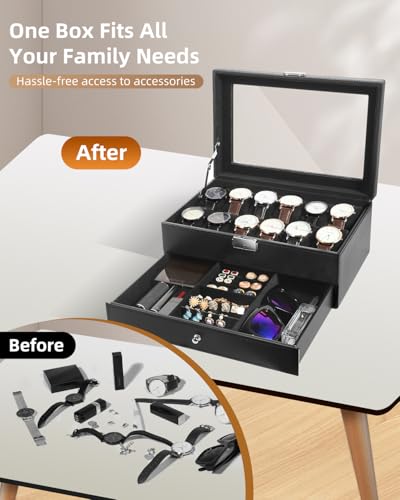 Image of Uten 12-Slot Watch Box, 2-Layers PU Leather Watch Case with Glass Lid, Watch Holder Organizer with Soft Pillow and Velvet Lining, Watch and Jewelry Storage Box, Black