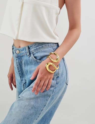 WOWORAMA Wide Chunky Cuff Bracelet for Women Gold Silver Waterdrop Bangle Bracelets Heavy Double Layer Hinged Open Cuff Bracelets Statement Jewelry3