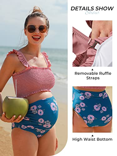 Maternity High Waist Bikini Swimsuit Two Piece Ruffled Hem Cute Floral Bathing Suit Pink M #TOP2