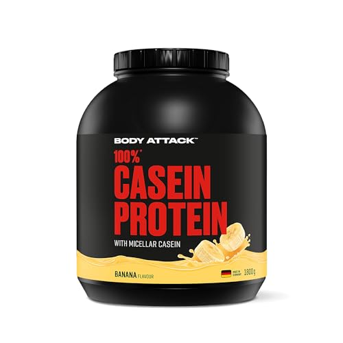 Body Attack 100% CASEIN PROTEIN - Banana Cream, 1,8 kg Dose - Hochwertiges Protein Pulver für Muskelaufbau Training -langanhaltende Eiweiß Versorgung -ideale Ergänzung zu Whey Protein