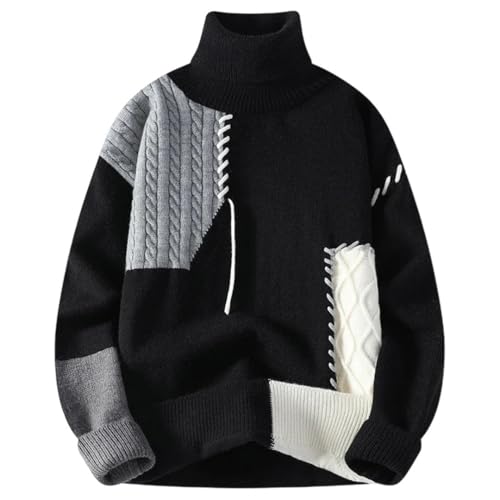 Men Winter Knit Turtleneck Sweater Patchwork Knitted Pullovers Mens Casual Sweaters
