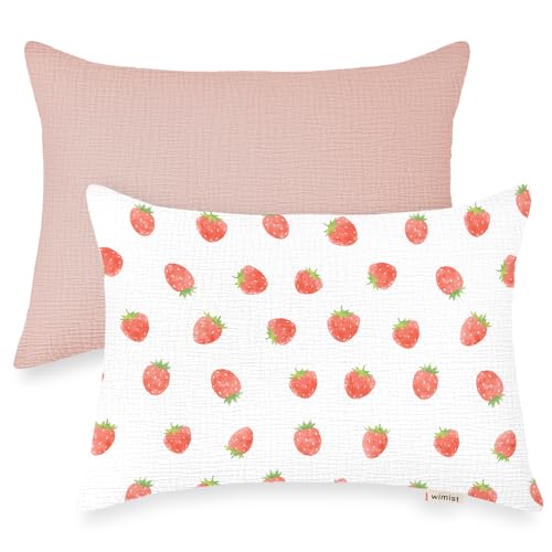 Image of Toddler Pillowcases for 13 inchx18 inch Pillow 2 Pack, Muslin Small Toddler Baby Kids Travel Pillow Covers for Boys Girls with Envelope Closure (Strawberry & Pale Pink, 13 x 18 Inch)