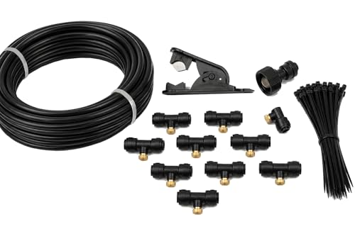 SUPERFOG - Kit de Nebulizador para Terraza. Compuesto por: 10 Toberas de Latón de enfriamiento, 12 Metros de Tubo Negro, 50 Bridas, 1 Cortatubos y 1 Enlace de grifo.