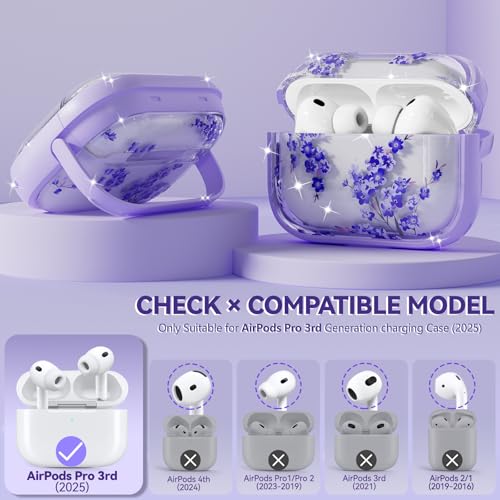 Image of Inesore for AirPods Pro 3 Case Cover 2025 with Lock-Purple Bell Flower | Two-Piece Design,with Gold Keychain & Clean Pen, As Phone Stand,Support Wireless Charging,Cute Luxury Case for Women Girly