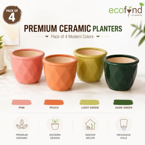 Image of ecofynd 4 Inch Ceramic Plant Pots with Drainage Hole, Modern Decorative Clay Flower Pots for Indoor Plants, Home Garden Decor for Living Room, Bedroom & Interior Spaces (Pack of 4, CPOT043-MUL)