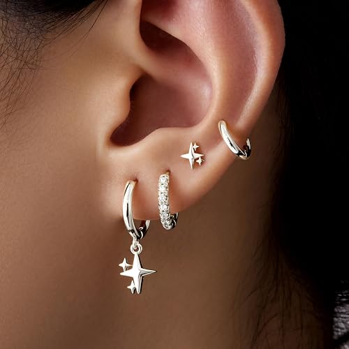 Image of Small Gold Huggie Hoop Earrings Set for Women Men Hypoallergenic 14K Plated Stack Cartilage Earrings, Sterling Silver Multiple Piercing Lightweight Mini Thin Cute Dainty Trendy Jewelry Gifts for Women