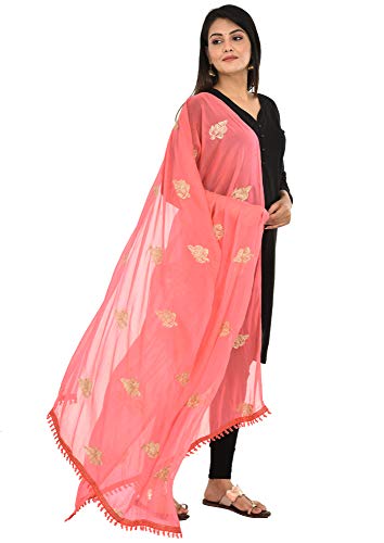 Image of YOUTHQUAKE Golden Patti Embroidered Work Chiffon Dupatta for Womens & Girls with Jaalar Lace