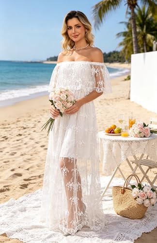 Image of HOYISHION Women's Off The Shoulder Floral Lace Maxi Dress White Bridesmaid Wedding Party Maternity Photoshoot Long Dresses