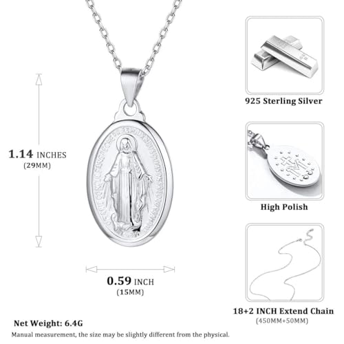 Nofade Silver Personalized Virgin Mary Necklace 925 Sterling Silver Religious Christian Jewelry Oval Medal Coin Pendant Necklace for Women Men(with Gift Box)3