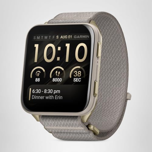 Garmin Venu X1 Montre Intelligente GPS Fine et légère, écran AMOLED, Fonctions avancées de santé et de Remise en Forme, Or Doux avec boîtier en Titane et Bracelet en Nylon ComfortFit Gris français