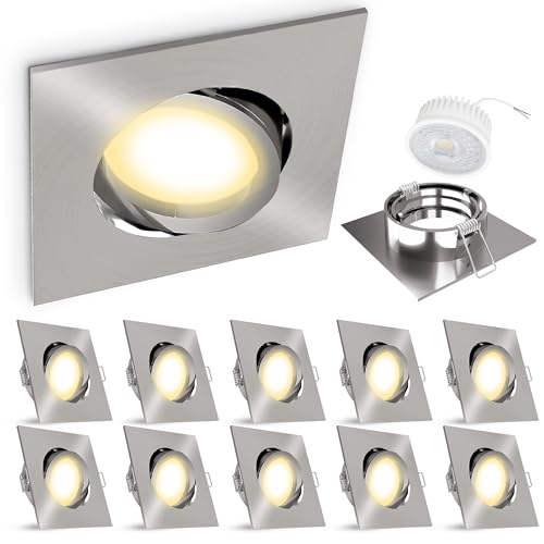 linovum LED Einbauleuchten Set 10 Stück - flache Einbaustrahler eckig schwenkbar in Edelstahl Optik inkl. LED 4W neutralweiß