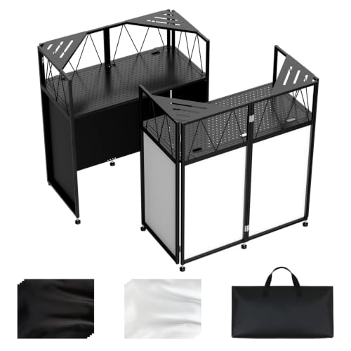 Image of Portable DJ Booth Facade Stand, DJ Table Stand, DJ Facade Booth with White & Black Scrims, Includes Carry Bag & Two Top Corners Table, Tool-Free Setup, for Parties, Events, Studios (40 inchL x 20 inchW)