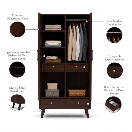 Image of PS DECOR Solid Sheesham Wood Wardrobe with Cane Rattan Doors | Modern Wooden Storage Almirah with Drawer | 2 Door Clothes Cabinet for Bedroom & Living Room (Walnut Finish)