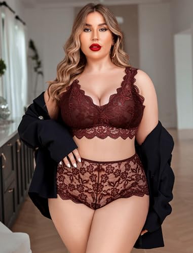 Image of Avidlove Plus Size Lingerie Set for Women Sexy Lace Halter Bralette High Waist Panty Set