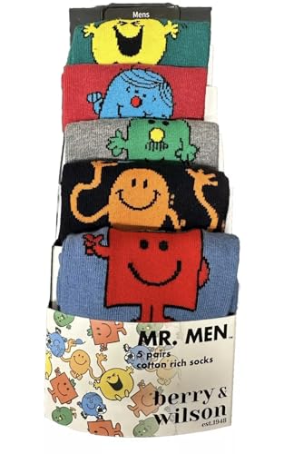 Berry & Wilson Mr. Men Mens Cotton Rich Character Socks 5 Pairs Multicoloured