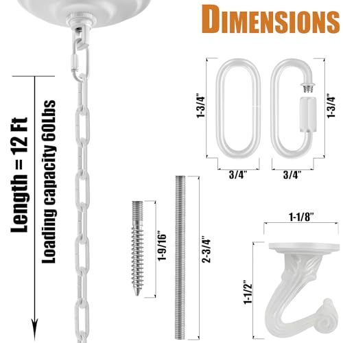 Omytie 12 Ft Heavy Duty Hanging Chain Kit with Connection Locks & Swag Ceiling Hooks for Lighting Fixture, Chandelier, Pendant, Lantern, Swag Lamp, Plant/Flower/Fruit Basket, Bird Feeder (White) by Omytie - Image 2