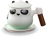 HOLLIHI Chinese Panda Porcelain Tea Cup with Infuser Lid and Saucer Tea Mugs Wooden Handle 11oz, Ceramics ffee Mug Teacup Loose Leaf Tea Brewing Syem for Home Office (05-Green)