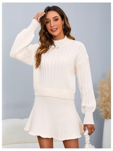 Image of MakeMeChic Women's Sweater Skirt Sets 2 Piece Outfits Ribbed Knit Mock Neck Sweater Pullovers A Line Mini Skirt Set