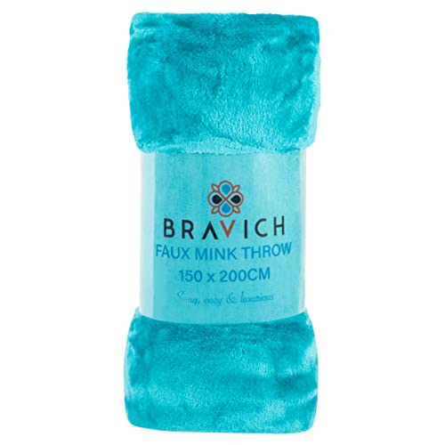 Bravich Soft Faux Mink Throw - Teal. Double Size Large Fluffy Blanket For Bed, Sofa & Duvet Bedding Throws. Faux Fur Thick Fleece Throw Blankets For Home - (Teal, Double, 150x200cm).