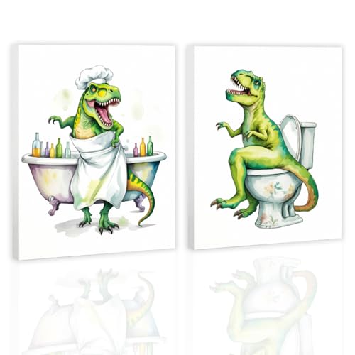 SDFBFVSA Dinosaur Bathroom Canvas Wall Art Set of 2, Retro Dinosaur Room Decor for Boys, Funny Dinosaurs Canvas Prints Artwork for Cafe Bar Bedroom Bathroom Living Room Hallway Office Home Decor