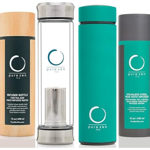 Pure Zen Tea Glass Double Lid Tea Bottle - Stainless Steel Tea Thermos Green Cover