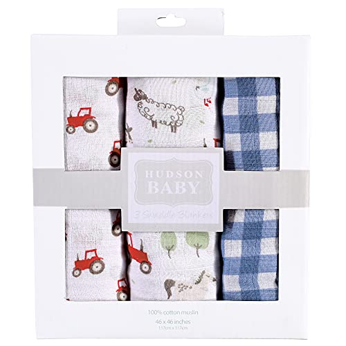 Image of Hudson Baby Unisex Baby Cotton Muslin Swaddle Blankets, Boy Farm Animals, 3-Pack