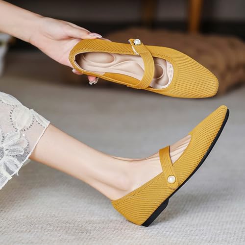Women's Knit Mary Jane Flats - Lightweight Breathable Slip-On Flats with Adjustable Hook Loop, Pointed Toe Dressy Casual Shoes for Women Machine Washable3