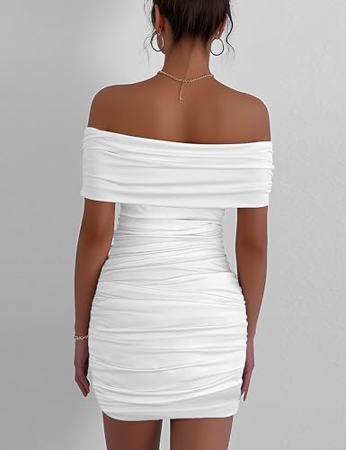 Image of Womens Off Shoulder Sleeveless Bodycon Dresses Ruched Solid Sexy Graduation Cocktail Party Mini Dresses