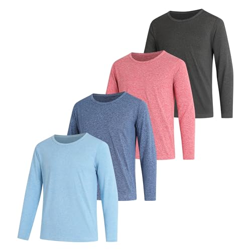 4 Pack Boys Athletic Quick Dry Long Sleeve Shirts Kids Active T-Shirt Sports Clothes for Kids 6-16Years