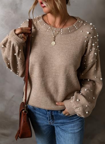 Image of Pearl Sweater for Women Lantern Sleeve Drop Shoulder Crewneck Sweatshirt Knit Chunky Pullover Sweaters with Pearls