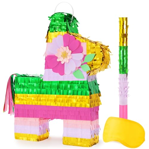 WERNNSAI Hawaiian Donkey Piñata - Rainbow Donkey Pinata for Summer Party Supply Cinco De Mayo Luau Carnivals Favor Mexican Fiesta Party Decorations with Blindfold&Bat