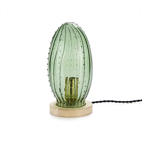 Balvi Lampe à Poser Cactus Arizona Couleur Vert foncé en Forme de Cactus Cable torsadé recouvert Tissu Nylon Ampoule E27 Non Incluse Verre/Bois 27x12cm