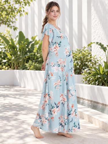 Image of CLOUD SOFT Women's Rayon Cotton Floral Printed Maternity Feeding Gown | Full-Length Nursing Nighty with Zipper | Pre & Post Pregnancy Dress (CS11004-5 MT All)