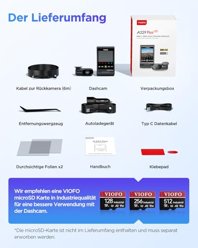 VIOFO A229 Plus 2K + 2K Dual STARVIS 2, HDR Vorne hinten Dashcam Auto, Sprachsteurung & 5GHz Wi-Fi WLAN Autokamera, Ultrapräzises GPS, Super Nachtsicht 2.0, 2,4” Großer LCD, Sprachausgabe, 512 GB Max