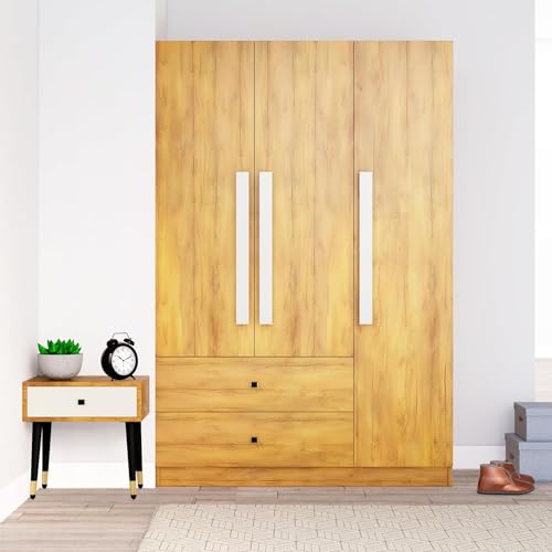 Image of Bniture Wooden Almirah for Clothes, Door for Bedroom, 3 Door Wardrobes with 2 Drawer & Hanging Space (40D x 120W x 180H CM) | 3 Year Warranty (Giant Wood)