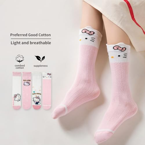 4 Pairs Knee High Socks for Girls, Cute Cartoon Compression Sock, Comfy Breathable Long Cotton Stocking4