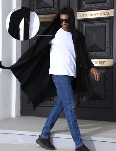 Men's Long Hooded Cardigan Ruffle Shawl Collar Open Front Lightweight Drape Cape with Pockets2