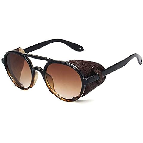 Sopaila Steampunk Sunglasses with Leather Side Shields Vintage Shades 100% UV Protection,Leopard Cover