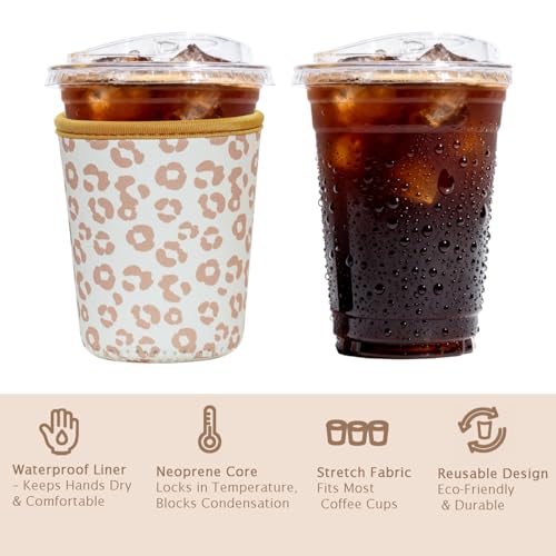 Image of Reusable Insulated Sleeve for Iced Coffee Cup, Coffee Neoprene Sleeve for Cold & Hot Drinks, Beverage Holder for Iced Coffee (Leopard Grace, Medium: 22-24oz)