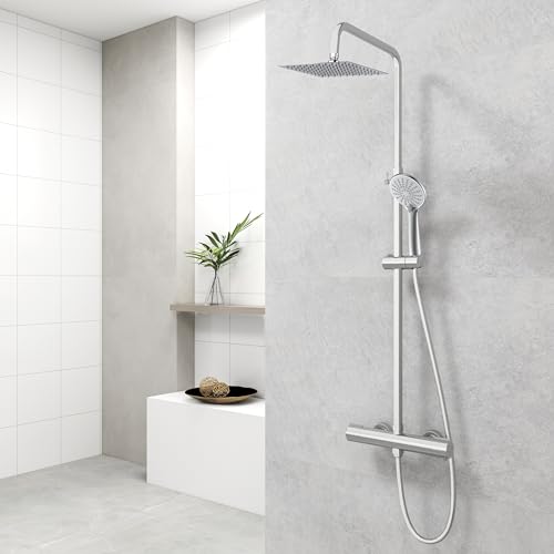 Colonna Doccia, AICA ITALY, Soffione Doccia Quadrato 20x20cm Acciaio Inox con Rubinetto Termostatico Diametro 40mm, Doccetta 3 getti, Saliscendi Doccia Regolabile 735-1170mm, cromo